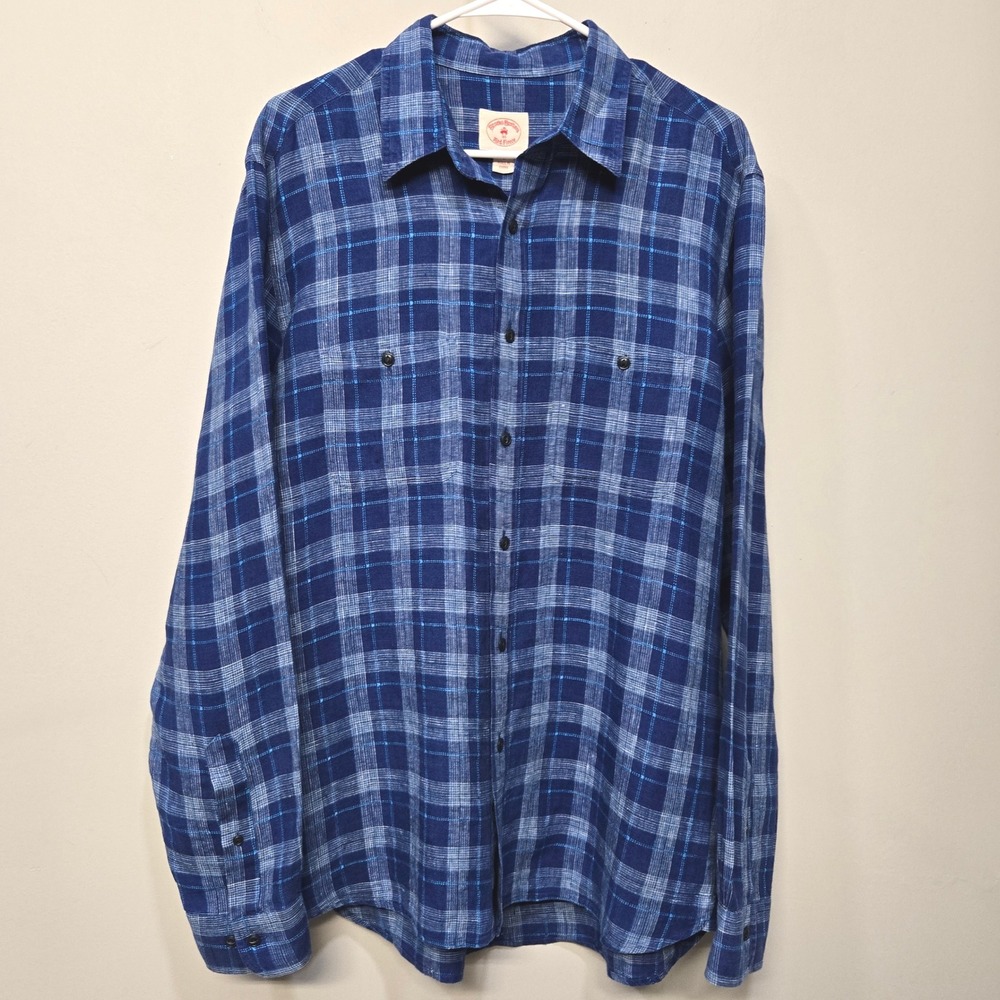 Brooks Brothers 100% Linen‎ Casual Button Down Shirt Men Large Blue Tartan Plaid